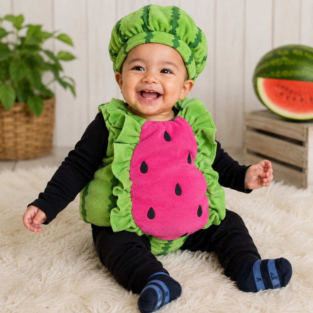 Baby Watermelon Costume 12-18 Months Plush Stuffed Bodysuit Hat Halloween Fruit